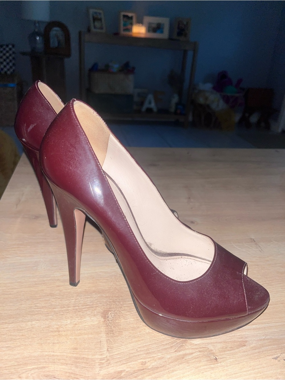 Prada Burgundy Open-Toe Patent Leather Pumps - Picture 2 of 5